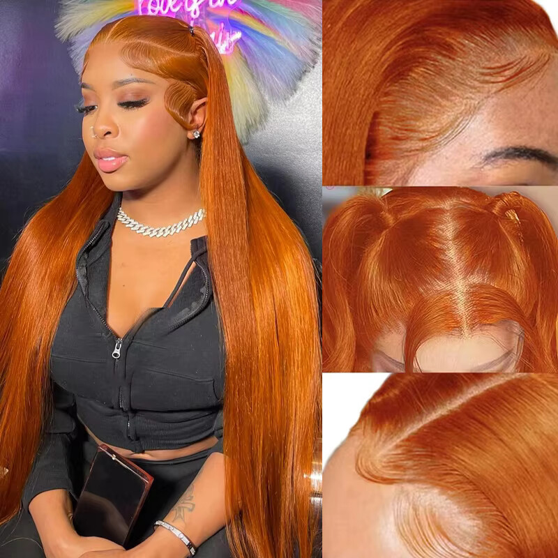 Glueless Wear And Go Human Hair Wig - 34 인치 오렌지 생강 레이스 프런트