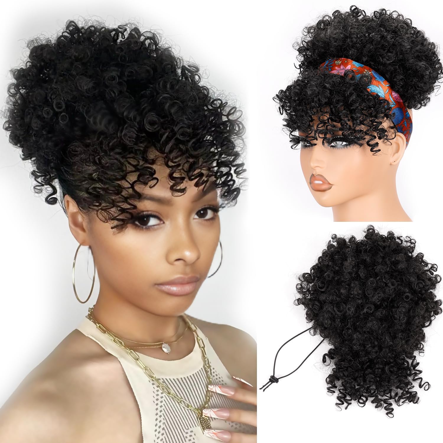 Drawstring Afro Curly Puff Ponytail - 짧은 드로스트링 포니테일 앞머리 포함 아프로