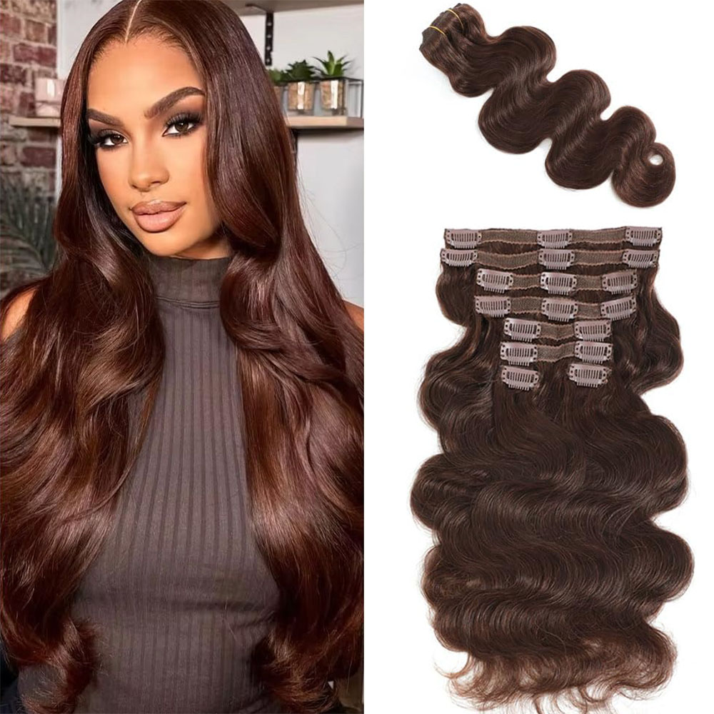 Seamless Clip In Hair Extensions Human Hair - # 4개의 초콜릿 브라운 바디 웨이브