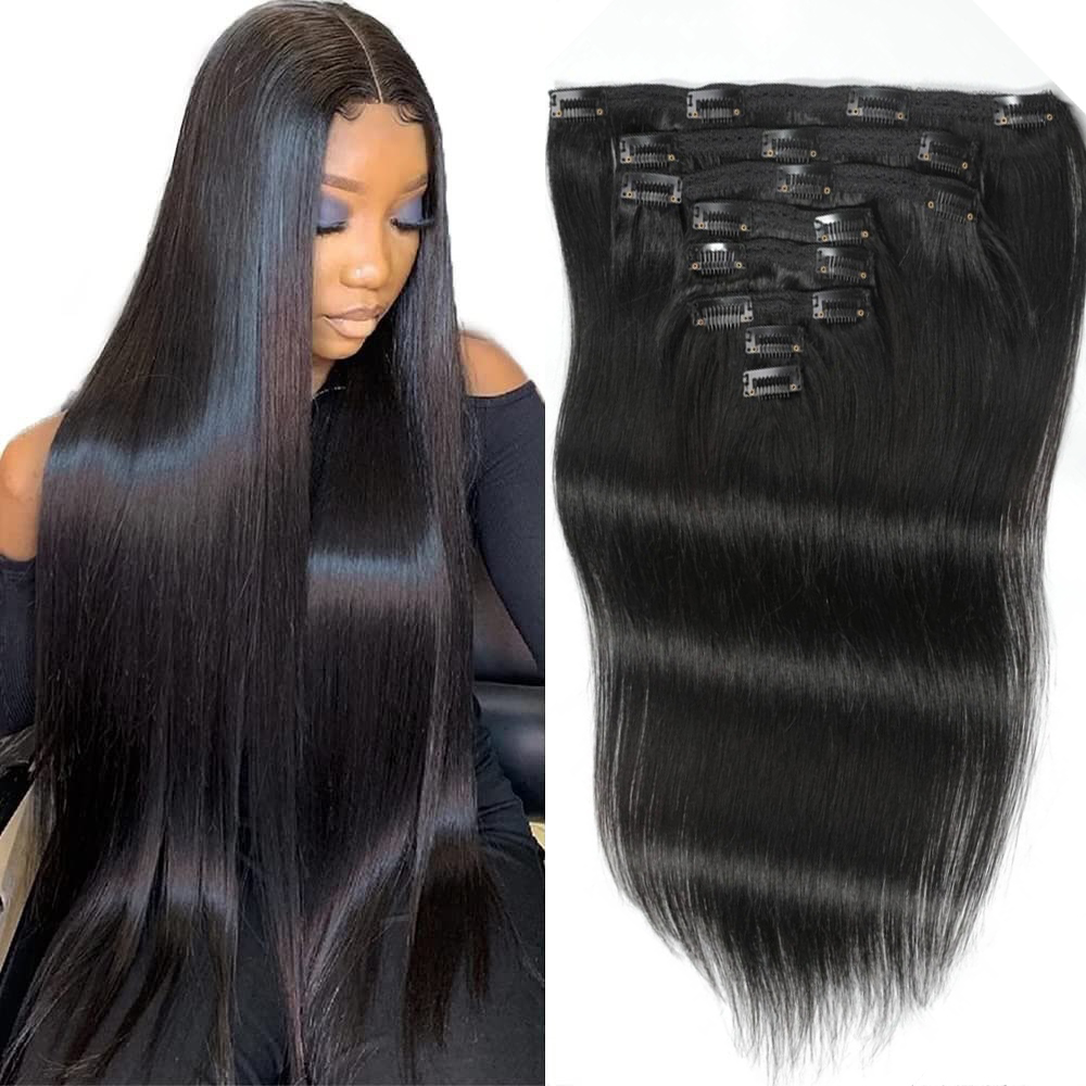 Seamless Clip In Hair Extensions Human Hair - 클립형 스트레이트 헤어 익스텐션, 천연 흑발,