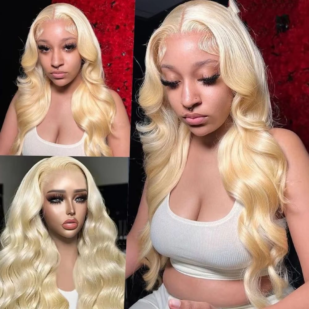 613 Blonde Body Wave Lace Front Wig - 46인치 # 613번 밝은 금발, 자연스러운