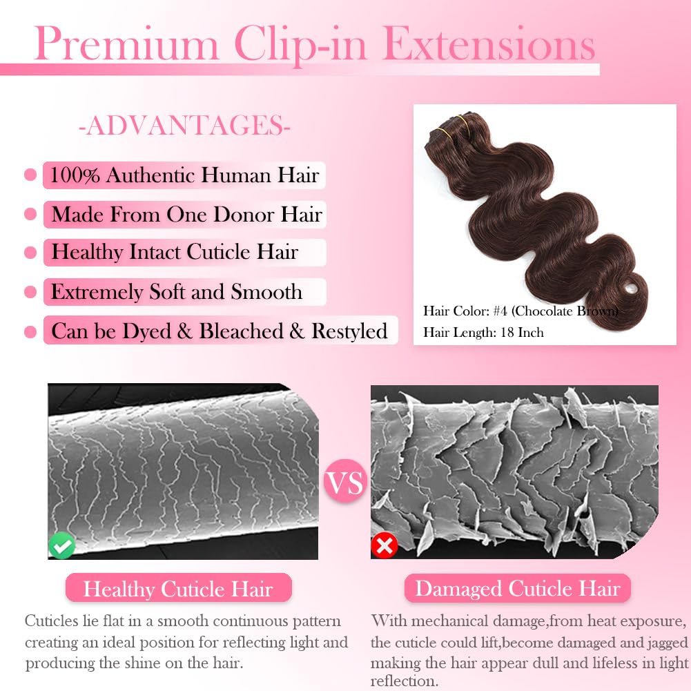 # 4개의 초콜릿 브라운 바디 웨이브 클립인 인모 헤어 - Seamless Clip In Hair Extensions Human Hair 리뷰 및 가격