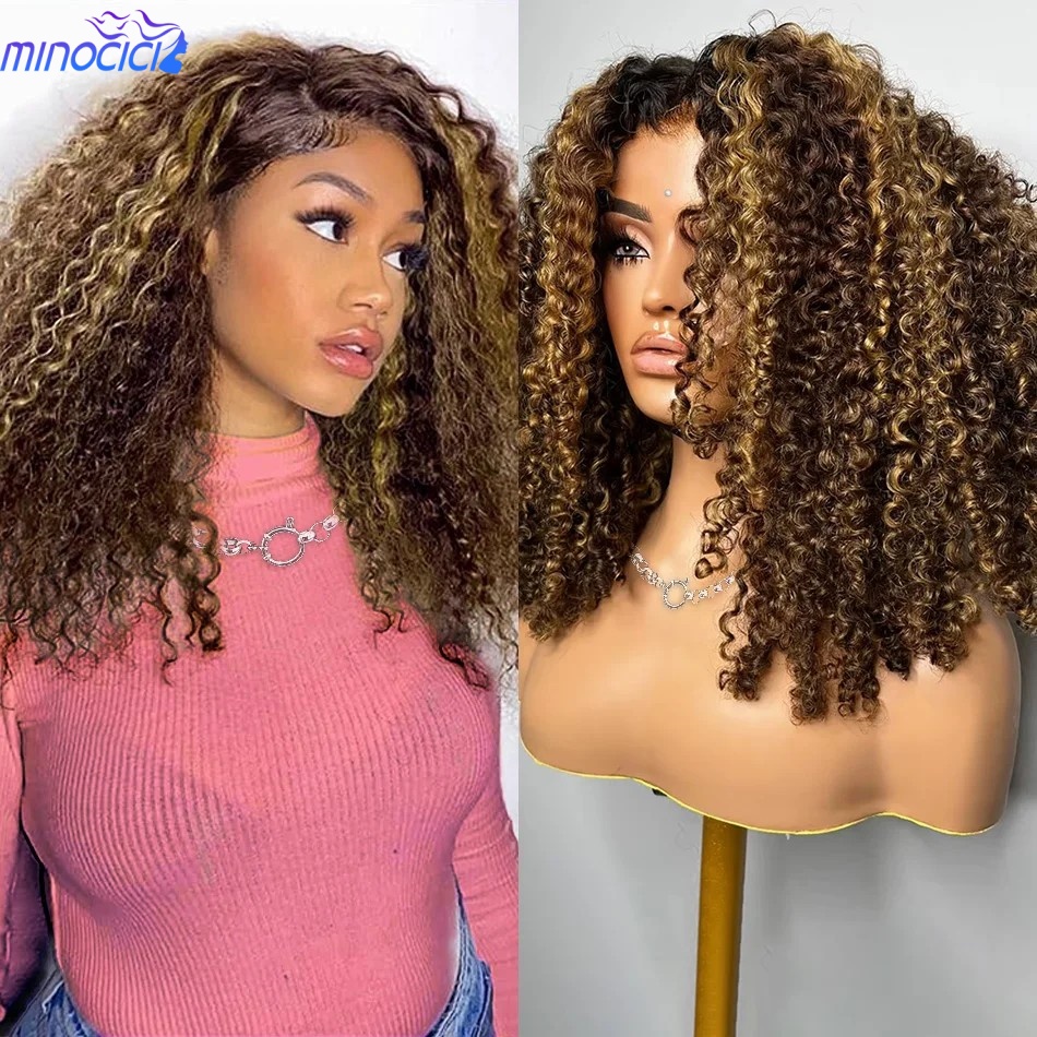 P4/27 하이라이트 컬리 숏 밥 스타일 가발, 천연  - Glueless Wear And Go Human Hair Wig 리뷰 및 가격